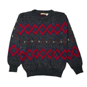 Vintage Adam Sloane Sweater Men Medium Gray‎ Red Geometric Acrylic 80s 90s